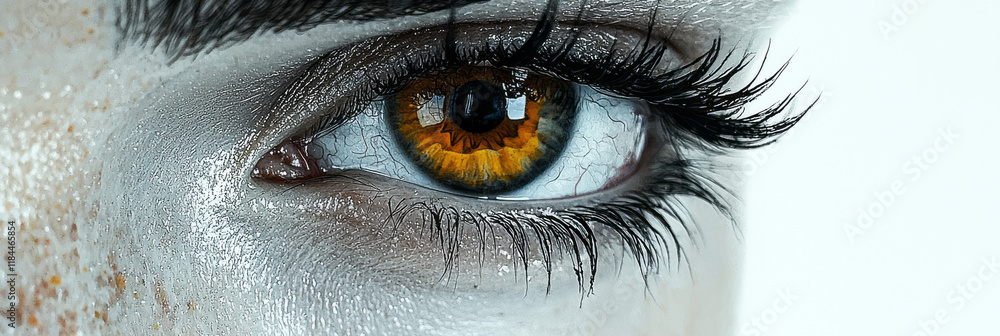 Poster Macro-lens close-up focusing on the eye area and brow, with precise hex bins capturing fine lines on a minimal white canvas,