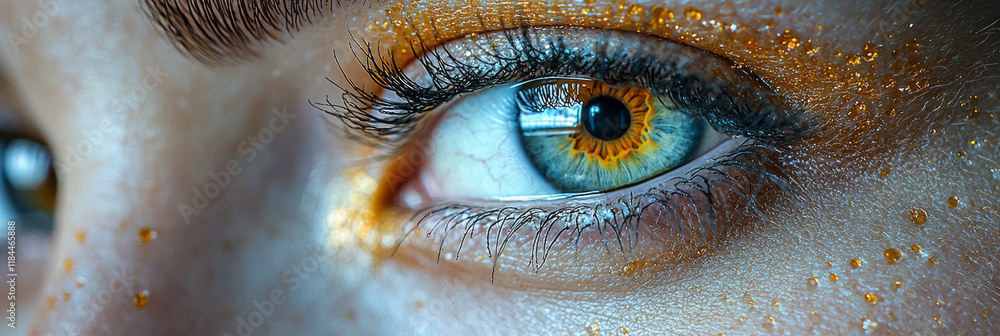 Aufkleber Macro-lens close-up focusing on the eye area and brow, with precise hex bins capturing fine lines on a minimal white canvas,