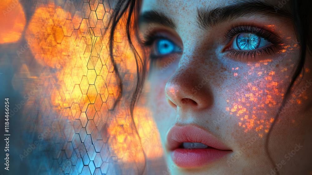 Poster Hex-based mosaic effect on the modelâ€™s temple and hairline, creating a dynamic visual pattern on a quiet background,
