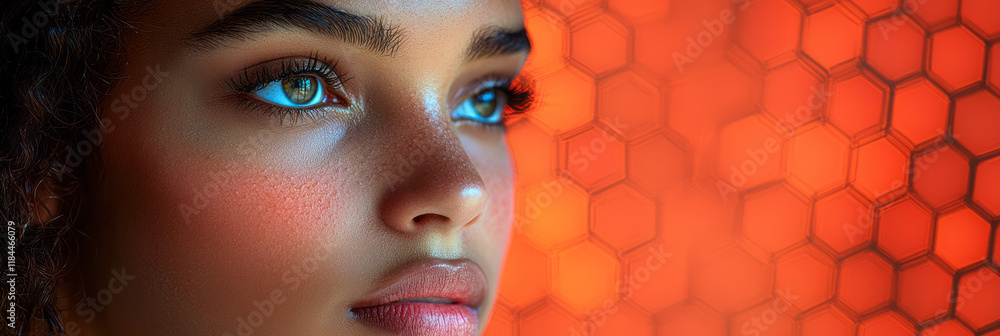 Poster Minimal lines creating a honeycomb pattern from the forehead down to the chin, conveying subtle transitions in skin color,