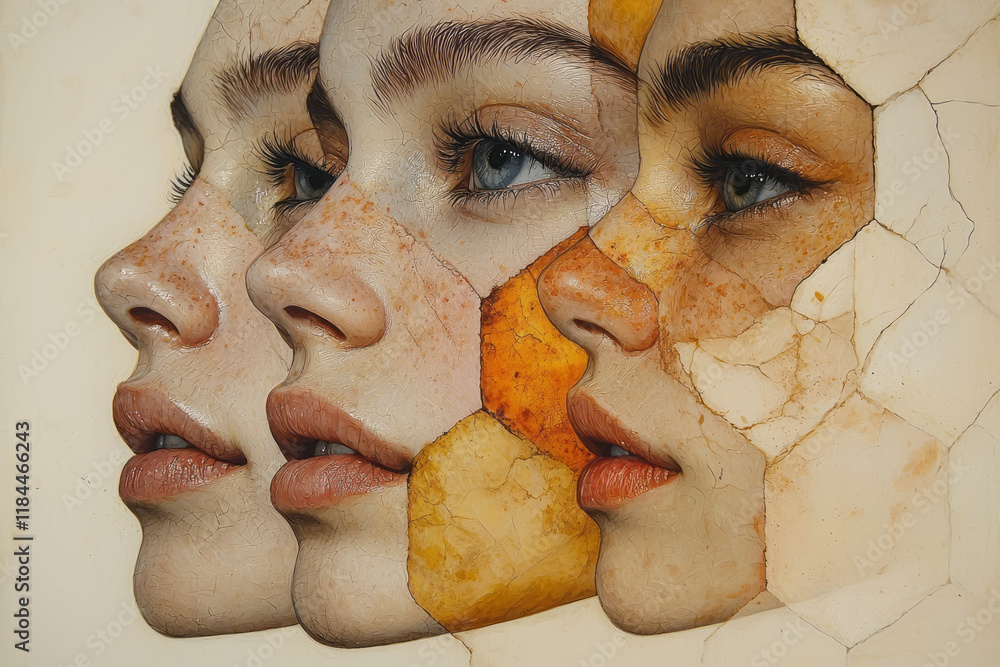 Poster three-tiered hex layers on cheekbones, each highlighting a different tone range, floating on a matte
