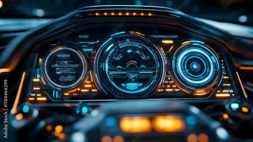 Aufkleber futuristic car dashboard with illuminated digital interface and advanced technology displays