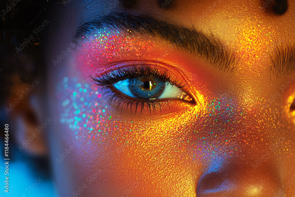 Poster bold makeup look contrasted by faint hex overlays, isolating certain spots of pigmentation for a mod