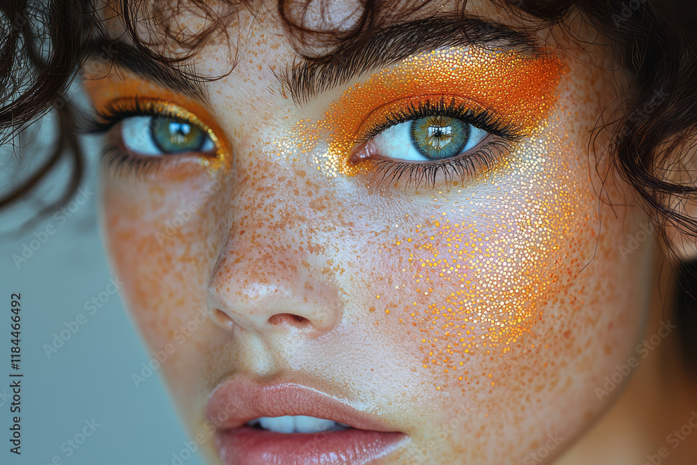 Poster bold makeup look contrasted by faint hex overlays, isolating certain spots of pigmentation for a mod