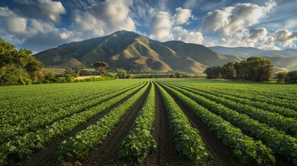 Fototapeta premium Lush Green Agricultural Field with Rolling Hills and Dramatic Sky