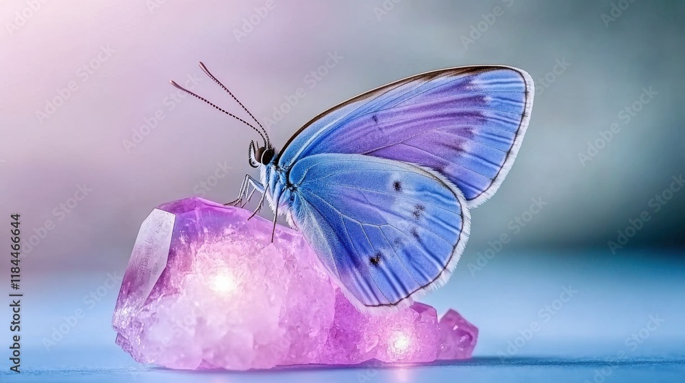 Poster mystical butterfly perched on glowing crystal in enchanting setting with soft light and magical atmo
