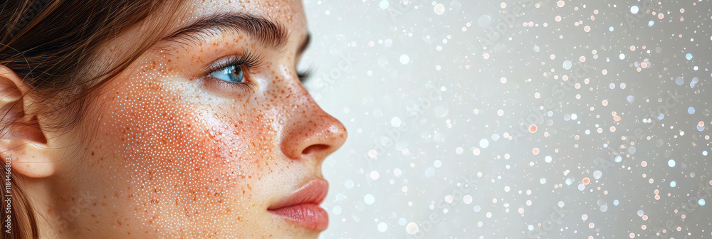 Poster gentle partial profile with hex patterns lightly indicating moisture levels around the upper cheek, 