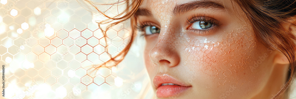 Poster gentle partial profile with hex patterns lightly indicating moisture levels around the upper cheek, 