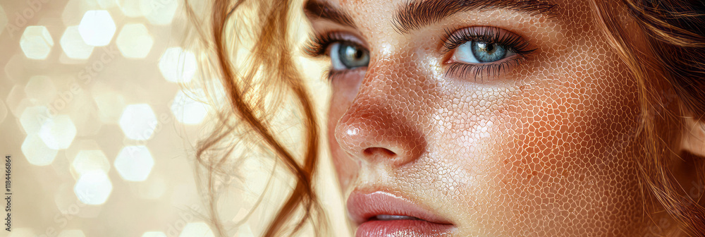 Poster gentle partial profile with hex patterns lightly indicating moisture levels around the upper cheek, 