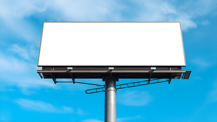 Blank billboard mockup on blue sky background for new advertisement. Generative AI