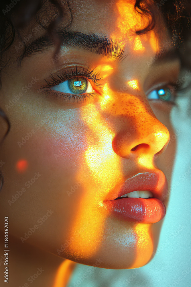 Poster Dual lighting setup where hexes reflect in subtle highlights across the modelâ€™s face, giving a dynamic sense of dimension on a quiet grayish plane,
