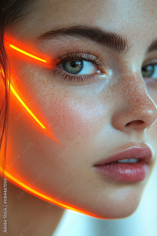 Poster faint lines of hex geometry faintly glowing, tracing the cheekbone arc and brow line, offering a fut