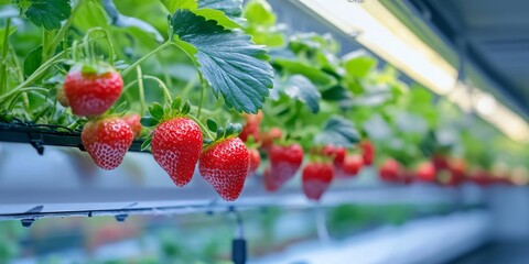 Closeup of strawberries growing in a hydroponic system, showcasing the vibrant colors and details of strawberry plants in a hydroponic environment, highlighting the beauty of hydroponic strawberry