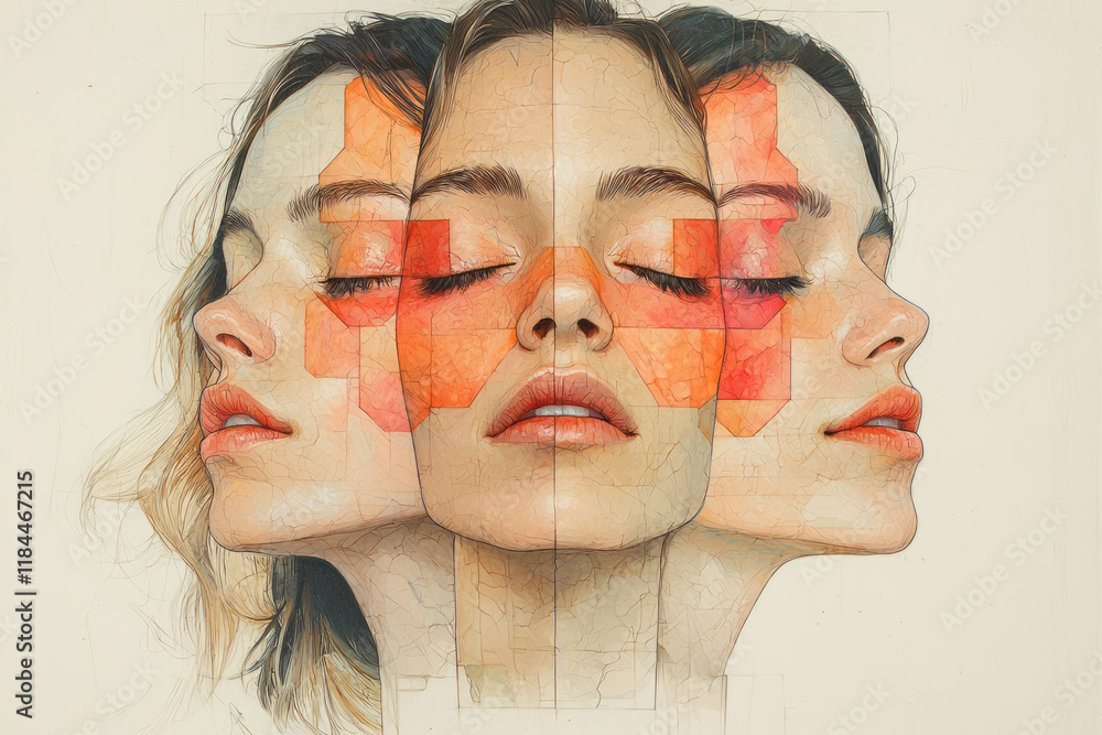 Poster Three-tiered hex layers on cheekbones, each highlighting a different tone range, floating on a matte off-white surface,
