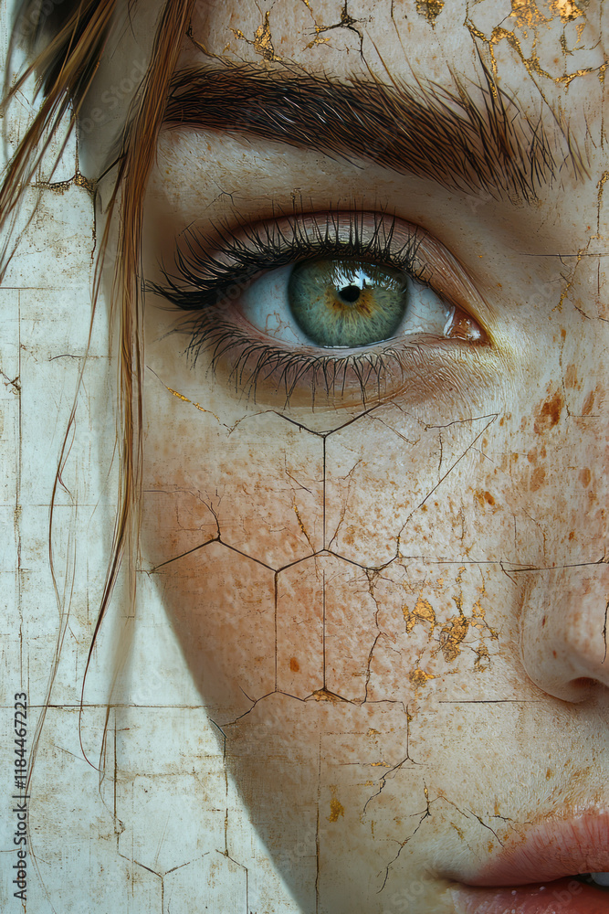 Leinwandbilder Abstract layering of transparent hexes across one cheek, creating a pattern that reveals texture variation, placed on a simple off-white background,