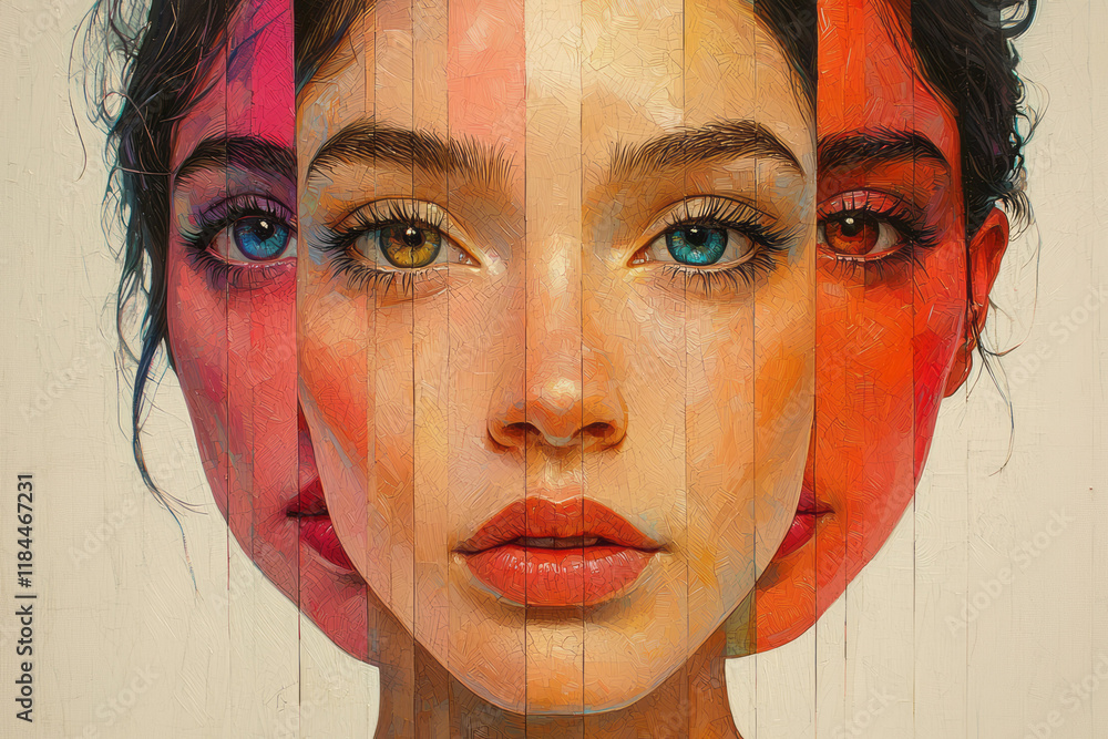 Poster Three-tiered hex layers on cheekbones, each highlighting a different tone range, floating on a matte off-white surface,