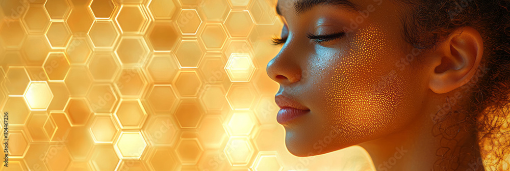 Aufkleber Gentle partial profile with hex patterns lightly indicating moisture levels around the upper cheek, on a neutral tinted background,