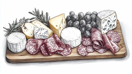 Wooden board with cheeses, salami, and grapes.