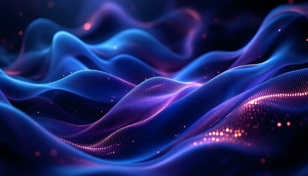 Digital waveforms in blue and purple, abstract background. Abstract digital background with flowing waves in vibrant blue and purple hues.  Radiant lighting, flowing motion, deep textures