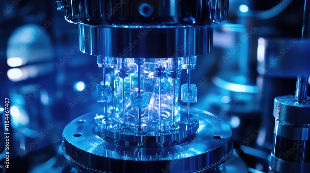 Poster transparent quantum processor with visible superconducting circuits glowing under cool blue light