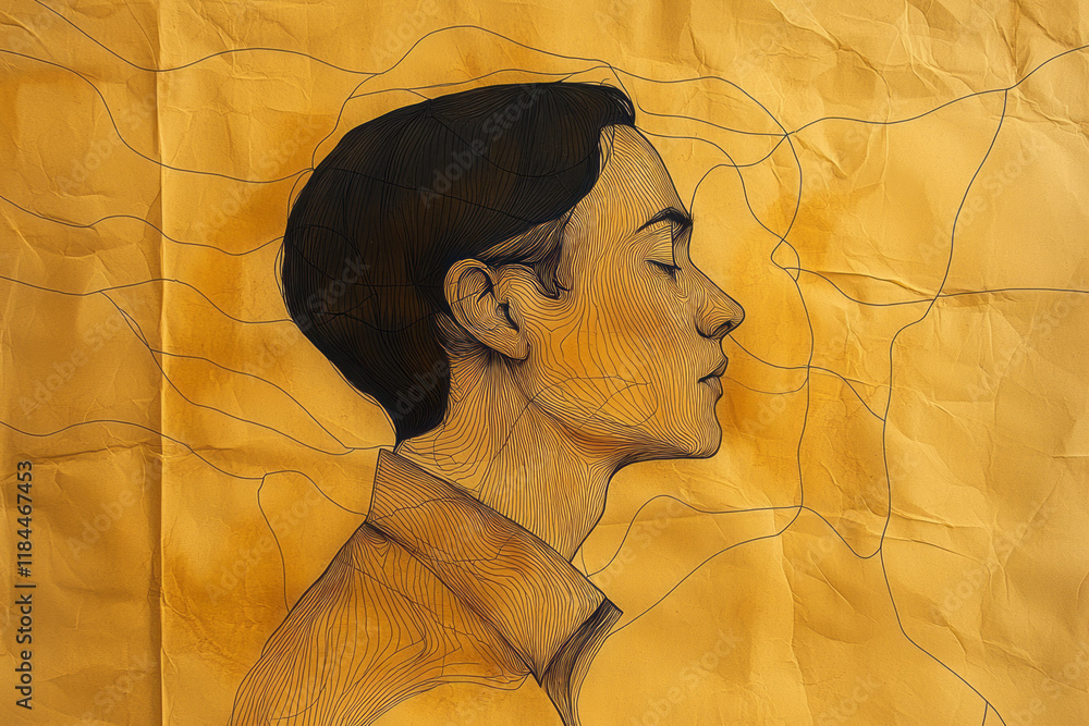 Poster A single silhouetted figure with line-art outlines of varying body shapes overlapping on a soft beige backdrop,