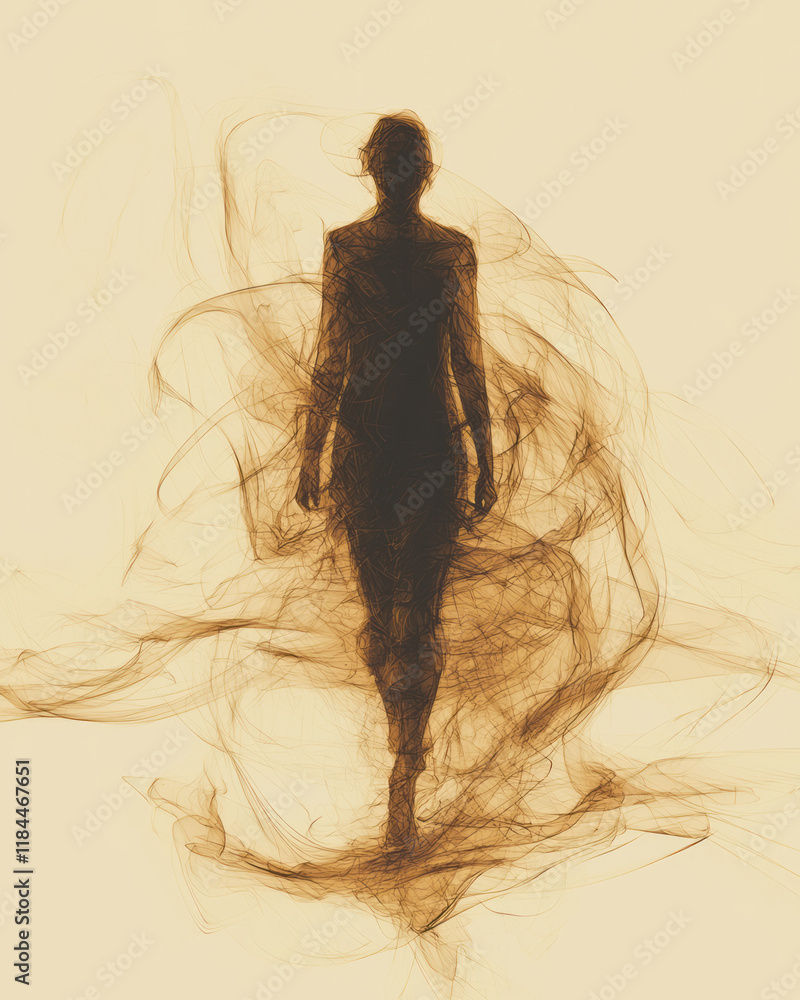 Aufkleber Sparse vector lines forming multiple partial body forms around one main figure on a subdued taupe field,