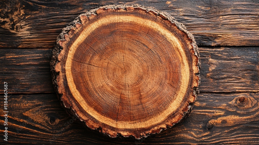 Poster wooden log slice on rustic wooden surface with natural texture and patterns