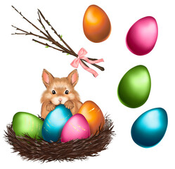 Easter bunny and eggs with willow on transparent background. Handdrawn eastern elements with rabbit and colored eggs 