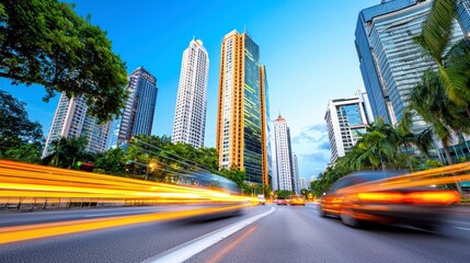 Fototapeta premium Modern Cityscape with Skyscrapers and Traffic at Twilight