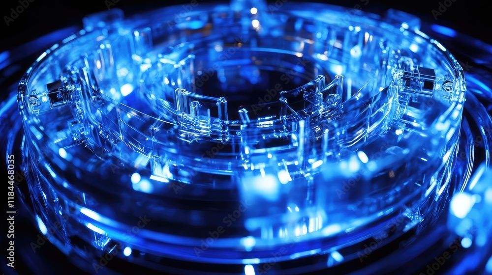 Poster transparent quantum processor with visible superconducting circuits glowing under cool blue light