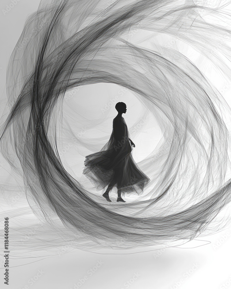 Poster Delicate line loops referencing different body postures, orbiting a small central figure in a nearly white environment,
