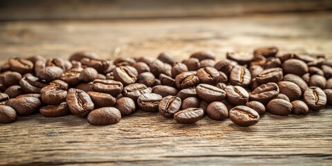 Naklejka premium Fresh coffee beans displayed on wooden surfaces, showcasing the rich texture and aroma of fresh coffee beans, perfect for highlighting the essence of fresh coffee beans in culinary settings.
