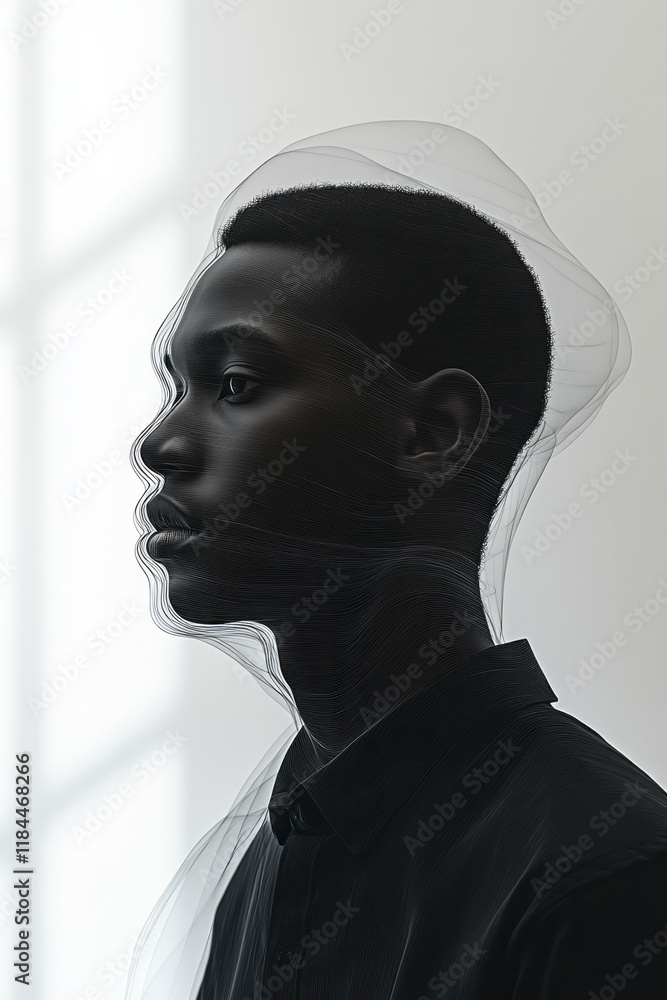 Poster Minimal black lines showing various angles of a human silhouette, merging at the center on a soft off-white plane,