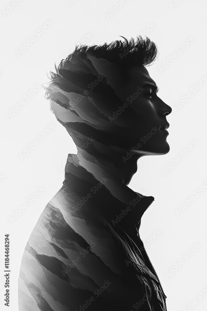 Poster Minimal black lines showing various angles of a human silhouette, merging at the center on a soft off-white plane,