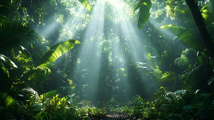 Fototapeta premium Lush Tropical Jungle with Sunlight Beams Streaming Through the Canopy