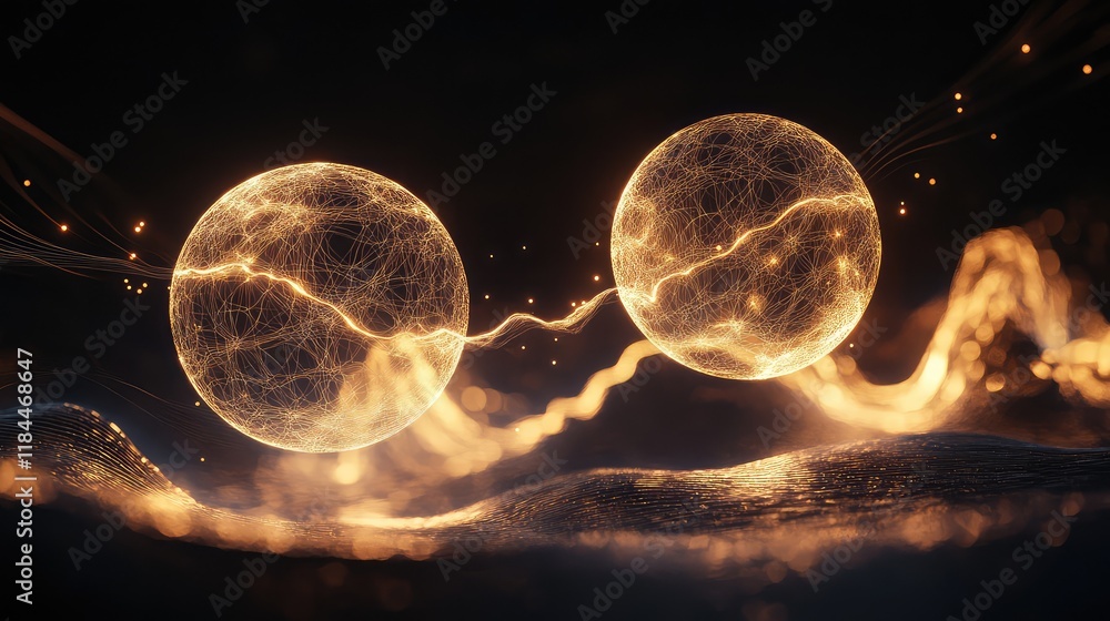 Poster two glowing spheres hovering in darkness, visually connected by intricate, pulsating light waves