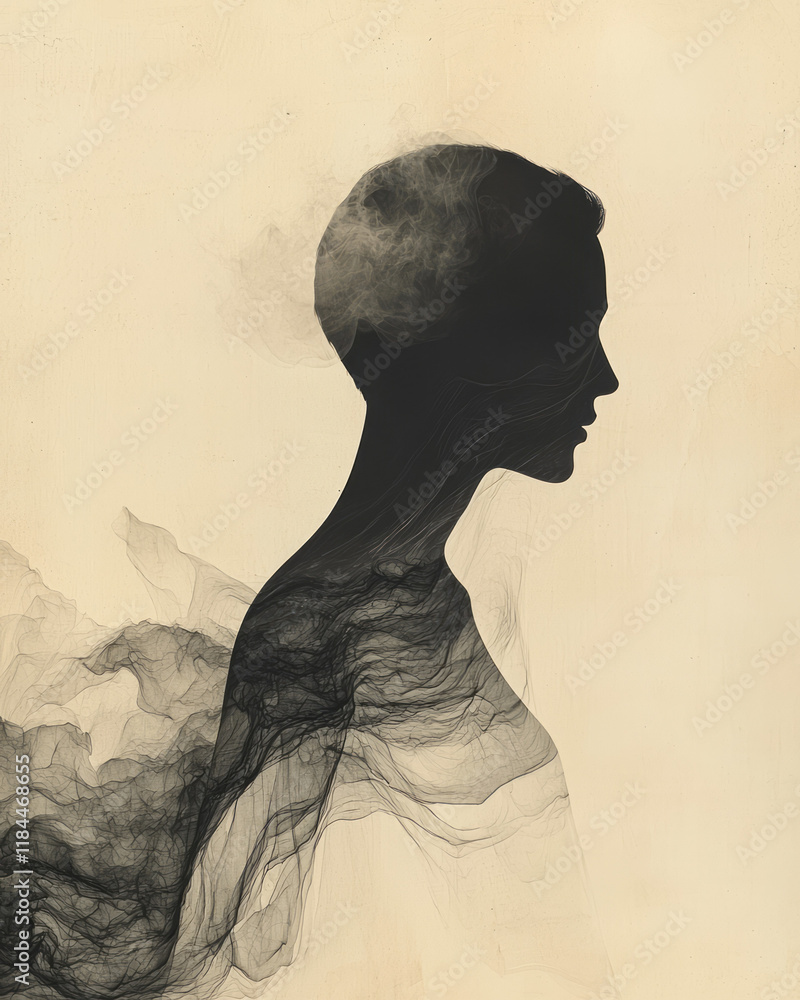 Poster Wave-like lines signifying different body silhouettes converging at a single minimal figure, set on a warm beige gradient,