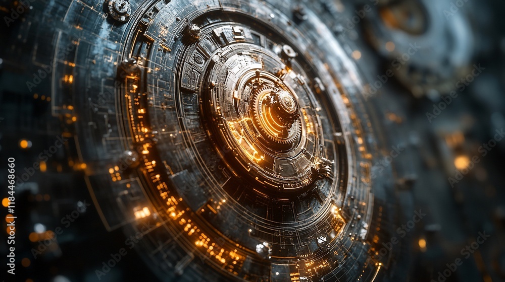 Poster close-up of a complex, futuristic metallic mechanism with glowing orange core.
