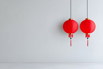 Red lanterns hanging against minimalist white background create vibrant contrast, evoking sense of celebration and cultural significance