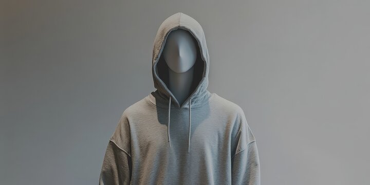 A light gray backdrop features a gray hoodie showcased on a mannequin, emphasizing the garments style against the soft, neutral background.