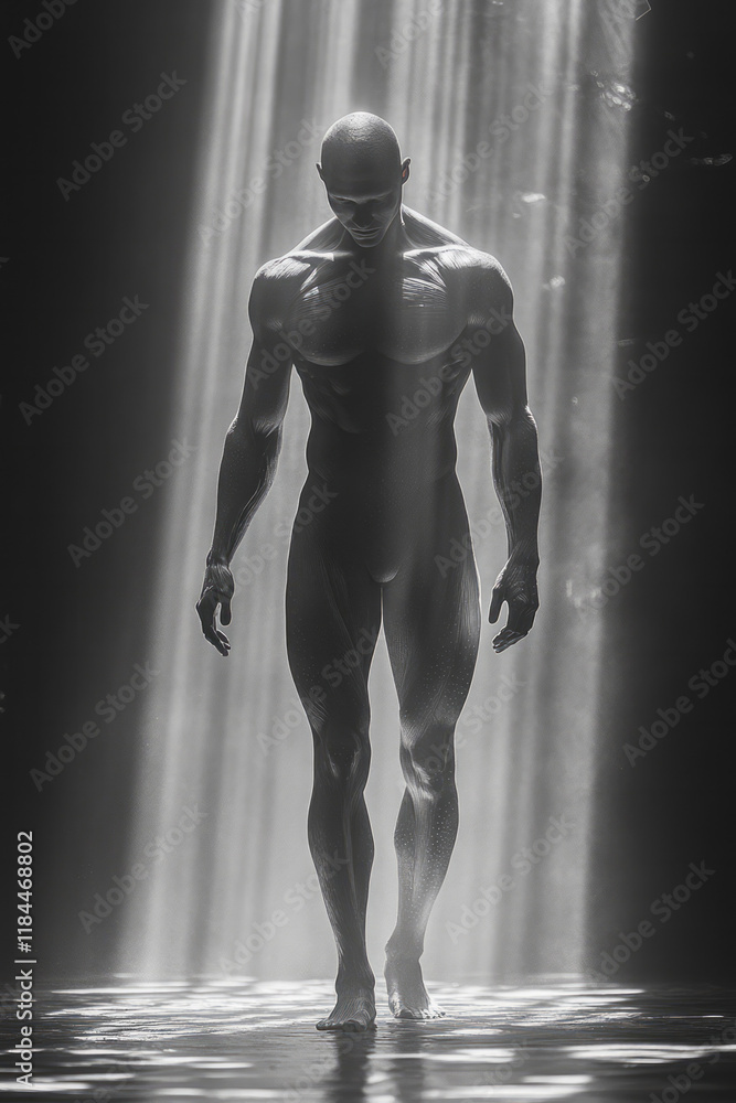 Poster a minimal figure in the foreground, with faint dotted lines behind illustrating muscle or body conto