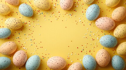 Colorful speckled eggs arranged in a circular pattern on a yellow background