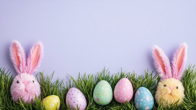 Colorful Easter decorations featuring bunnies and decorated eggs on grass