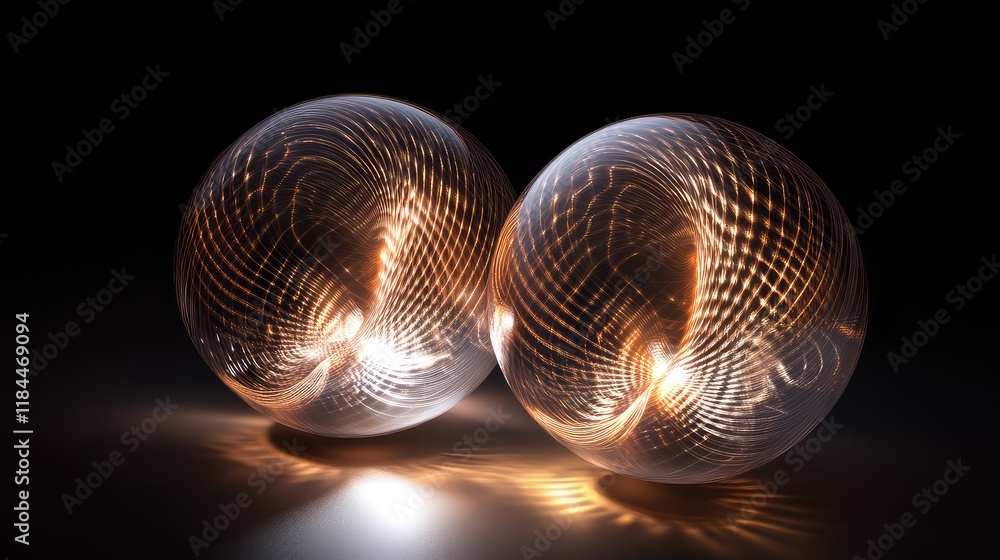 Poster two glowing spheres hovering in darkness, visually connected by intricate, pulsating light waves