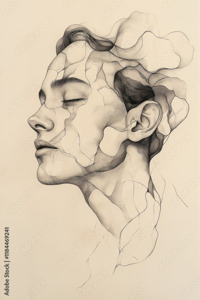 Poster Sketchy continuous line looping into multiple torsos, eventually forming a single outline face, on a mild beige plane,