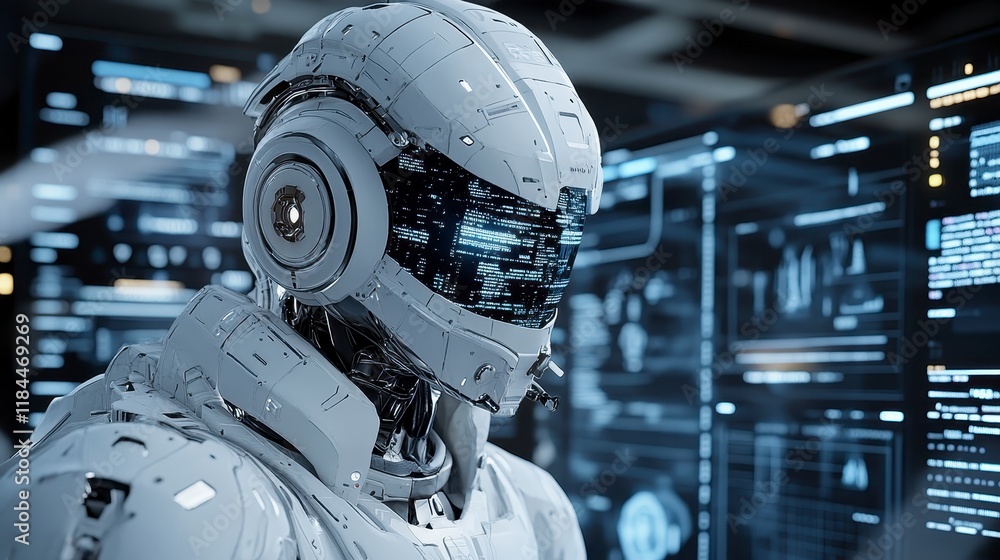 Poster futuristic white robot in helmet with digital interface displays