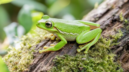 Naklejka premium A Small Green Frog Sitting on Top of a Tree Branch - Generative AI