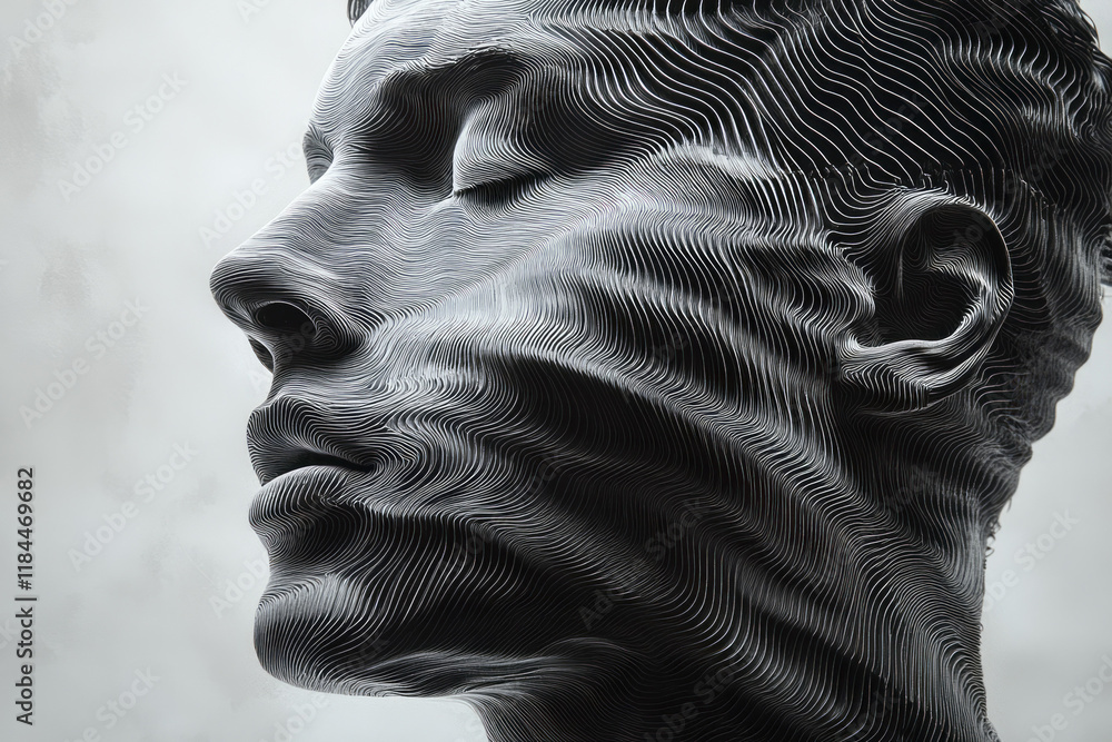 Poster an overlapping collage of contour lines--face, torso, limbs--encircling a main, understated figure o