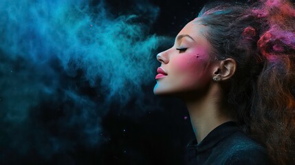 Woman before vibrant cloud of hued powder against black backdrop, blue sky behind