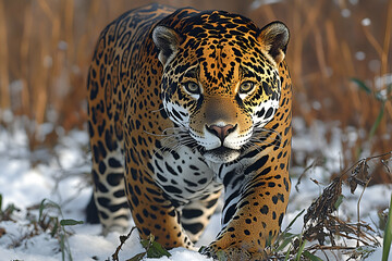 Obraz premium Majestic Jaguar Walking Through Snowy Grassland